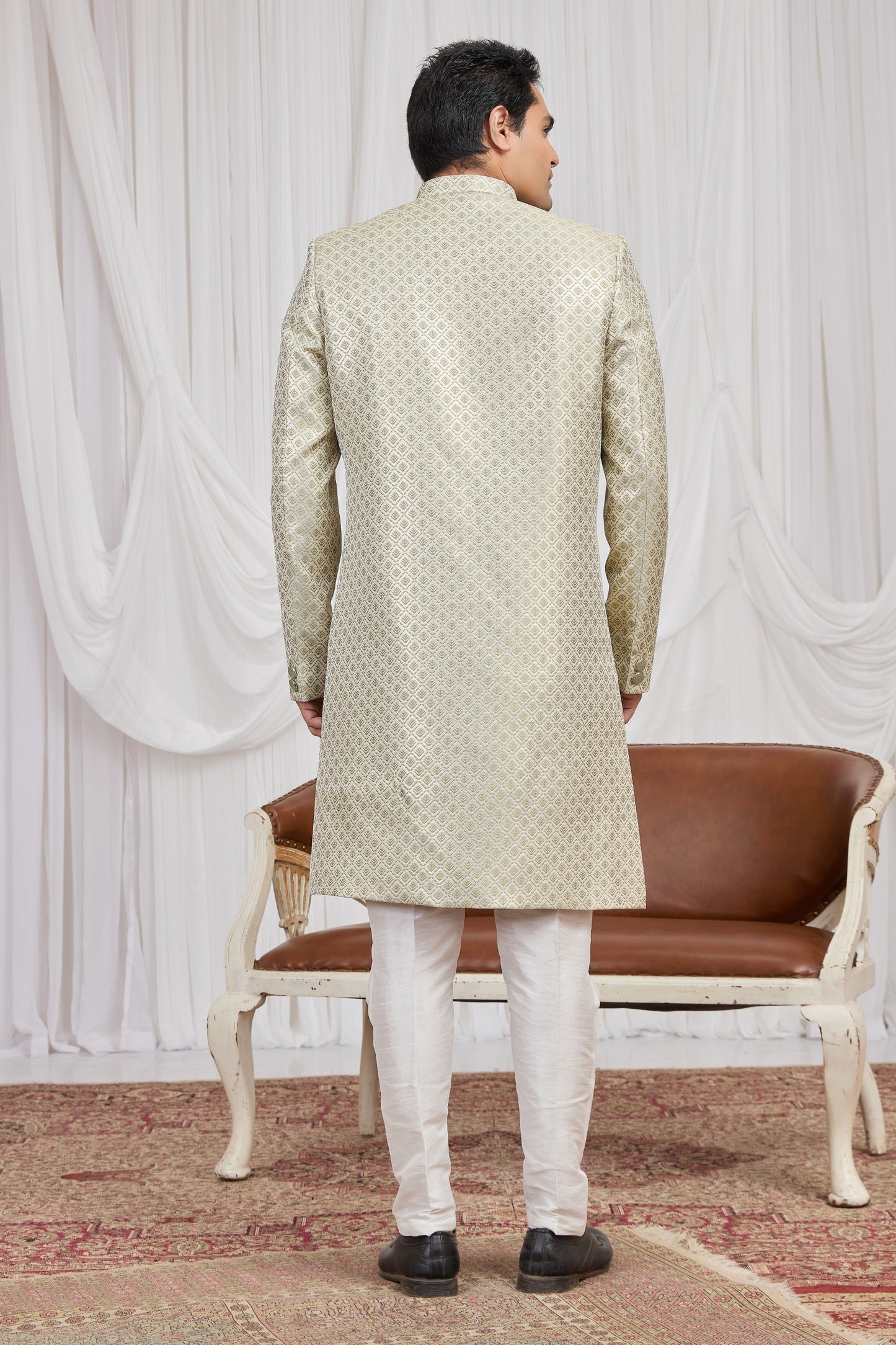 Wonderful Green Jacquard Wedding Wear Indo Western for Men
