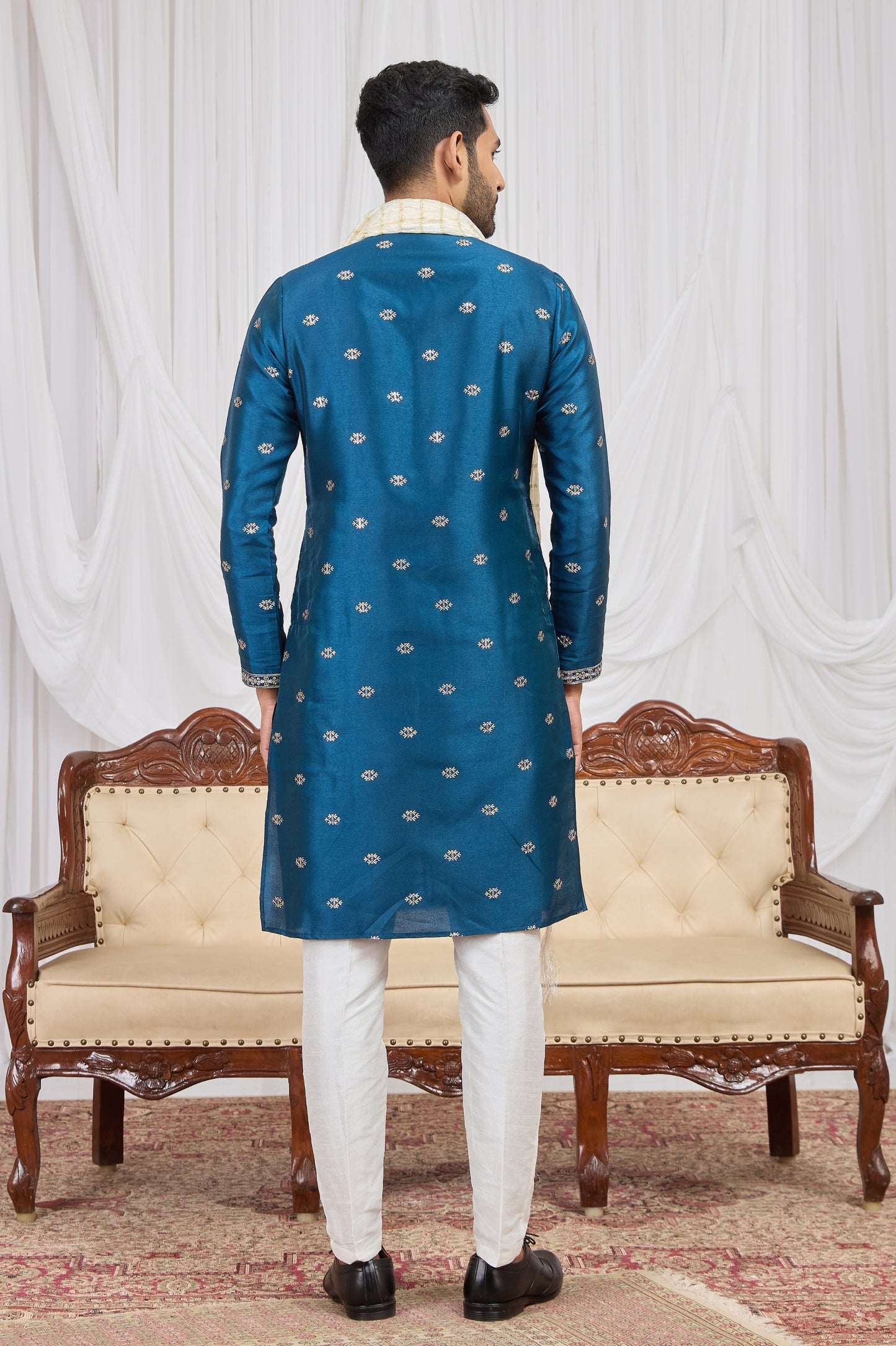 Stylish Teal Blue Art Silk Embroidered Wedding Kurta Pyjama for Men with Cream Stole
