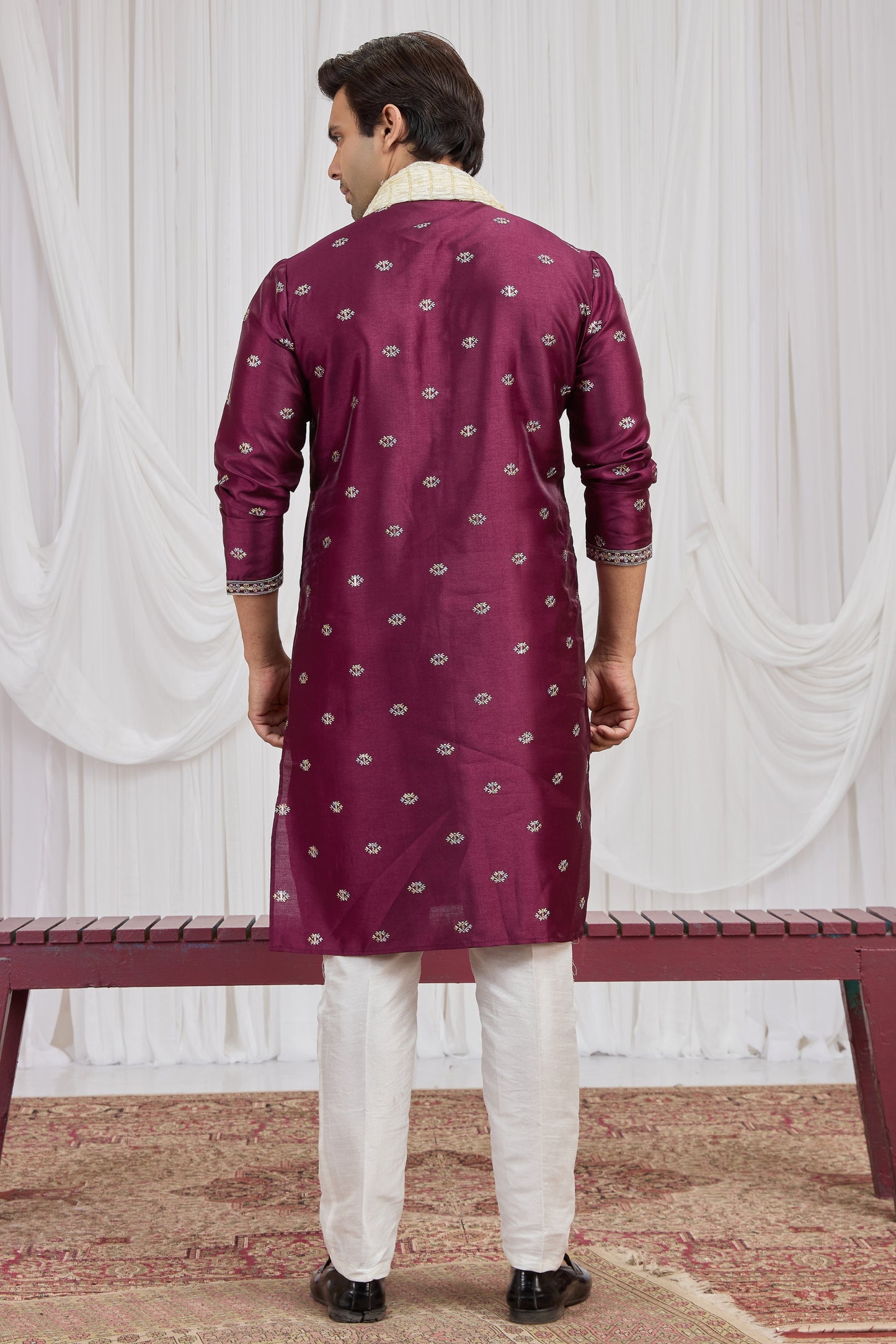 Fancy Maroon Art Silk Embroidered Wedding Kurta Pyjama for Men with Cream Stole