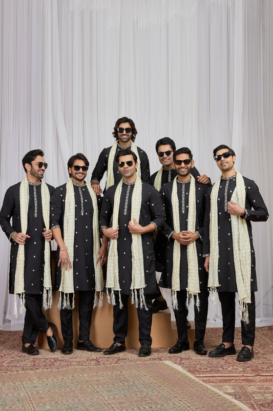 Incredible Black Art Silk Embroidered Wedding Kurta Pyjama for Men with Cream Stole