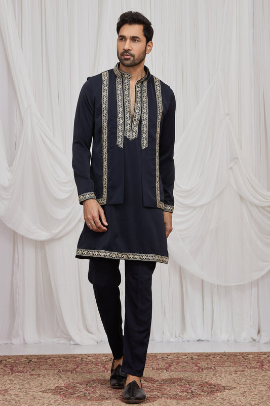Luxury Navy Blue Armani Fabric Kurta Pyjama Set with Jacket