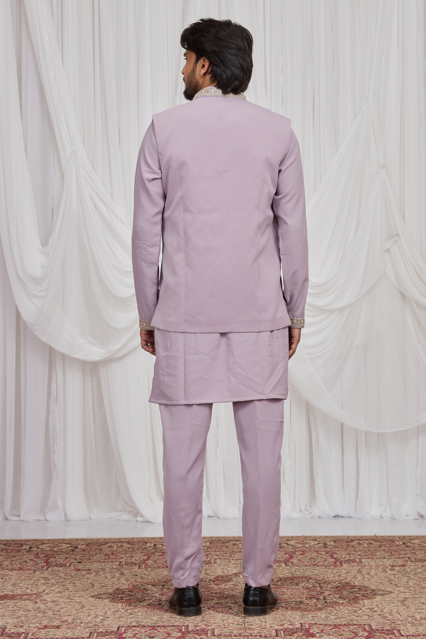 Nawabi Lavender Armani Fabric Hand Work Kurta Pyjama Set with Jacket