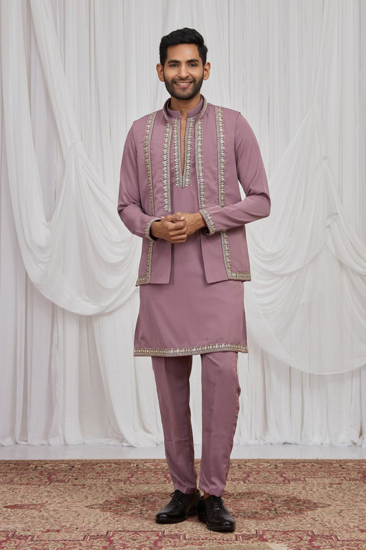 Superb Mauve Armani Fabric Hand Work Kurta Pyjama Set with Jacket for Men