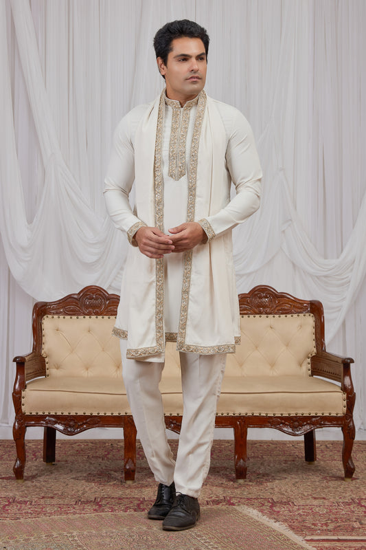 Royal Cream Armani Fabric Hand Work Kurta Pyjama Set with Stole for Men