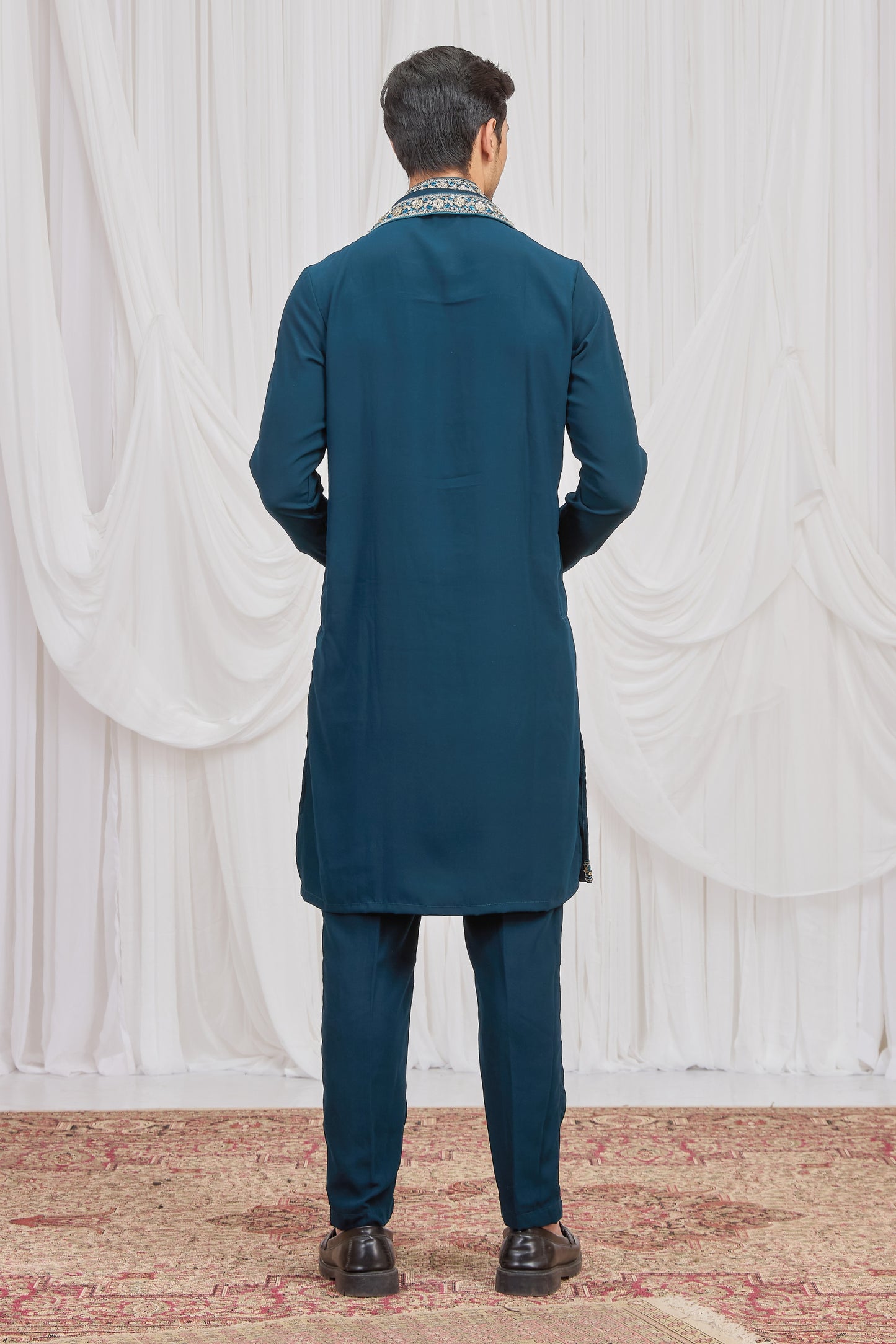 Trendy Morpeach Armani Fabric Hand Work Kurta Pyjama Set with Stole for Men