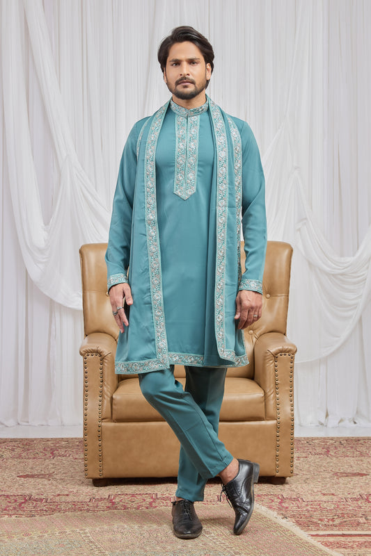 Awesome Teal Green Armani Fabric Hand Work Kurta Pyjama Set with Stole for Men