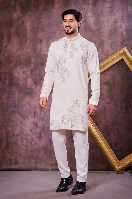 Designer Off White Armani Embroidered Wedding Kurta Pyjama Set for Men