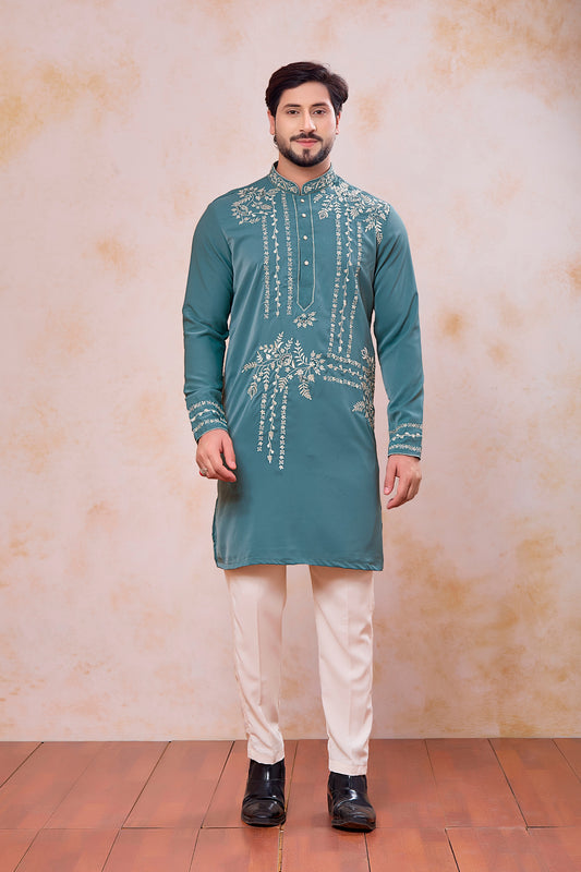 Fancy Teal Green Armani Fabric Embroidered Wedding Kurta Pyjama Set for Men