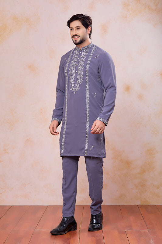 Stylish Grey Armani Fabric Embroidered Wedding Kurta Pyjama Set for Men