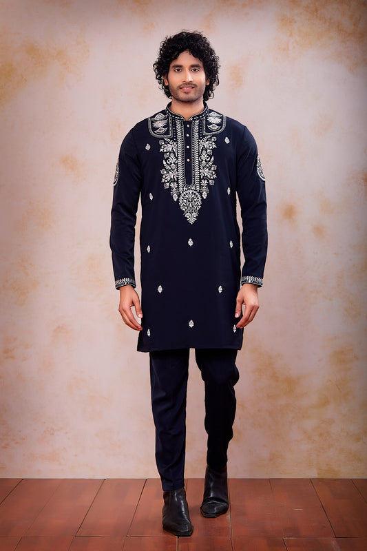 Impressive Navy Blue Armani Embroidered Wedding Kurta Pyjama Set for Men