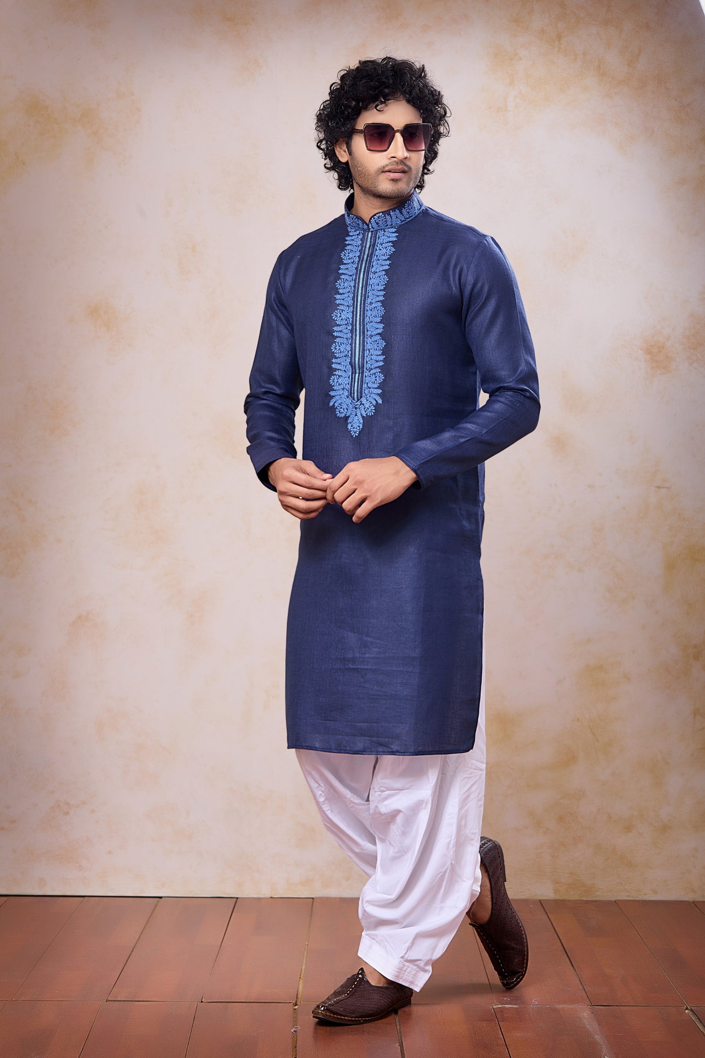 Elegant Navy Blue Cotton Embroidered Kurta with Patiala Style Pyjama for Men