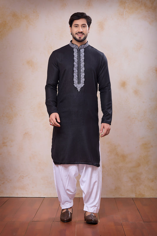 Classic Black Cotton Embroidered Kurta with Patiala Style Pyjama for Men
