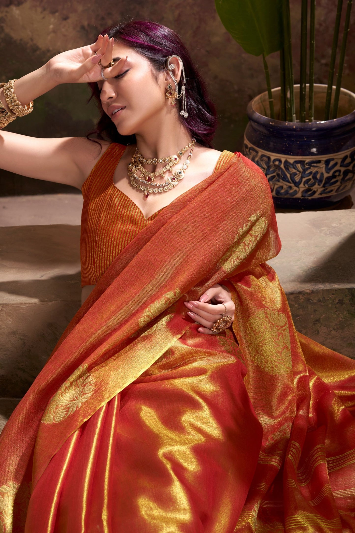 Traditional Orange Banarasi Silk Saree with Golden Zari Festive Wear Saree