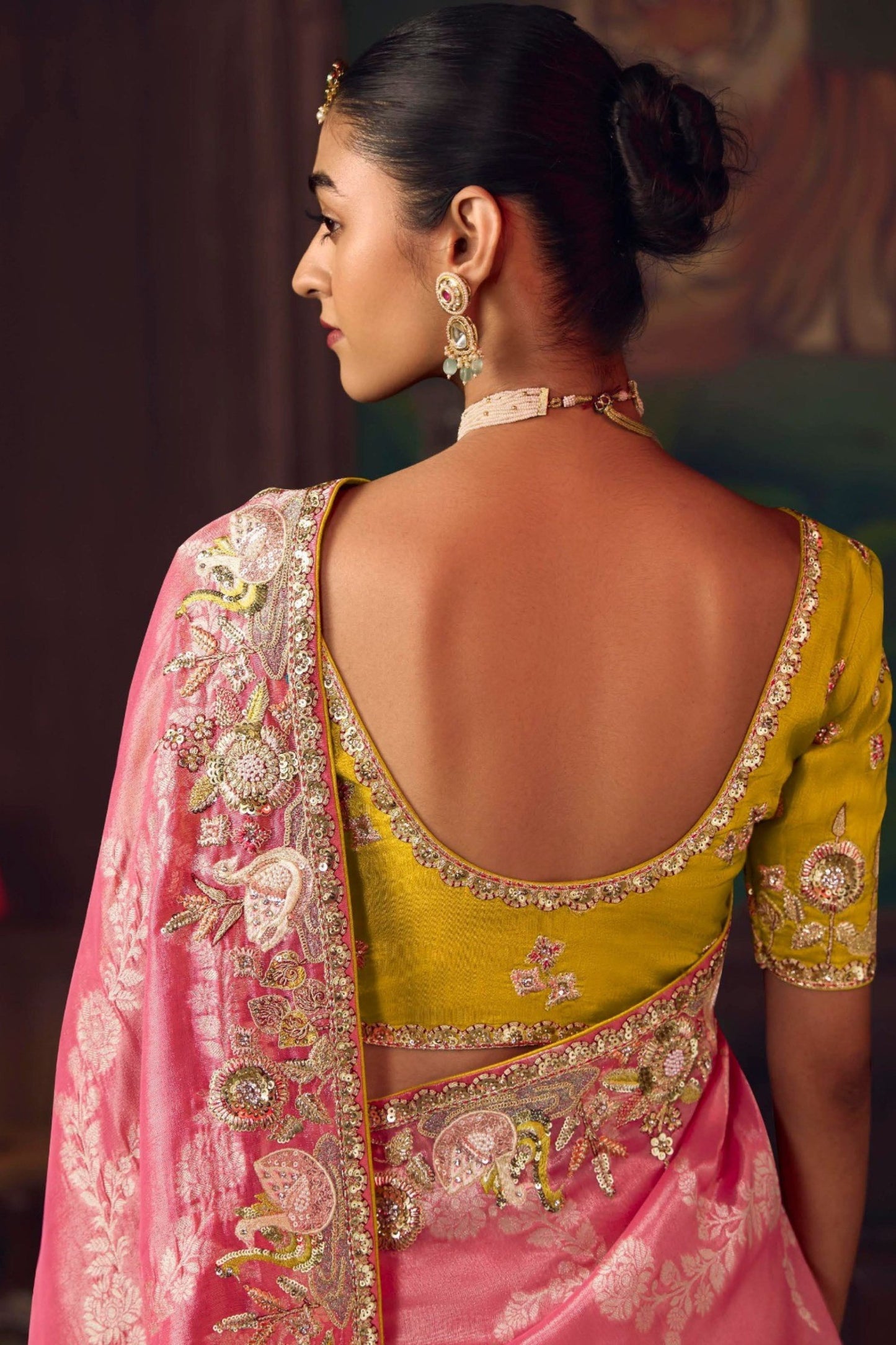 Pink Banarasi Silk Saree with Golden Zari Contrast Yellow Blouse