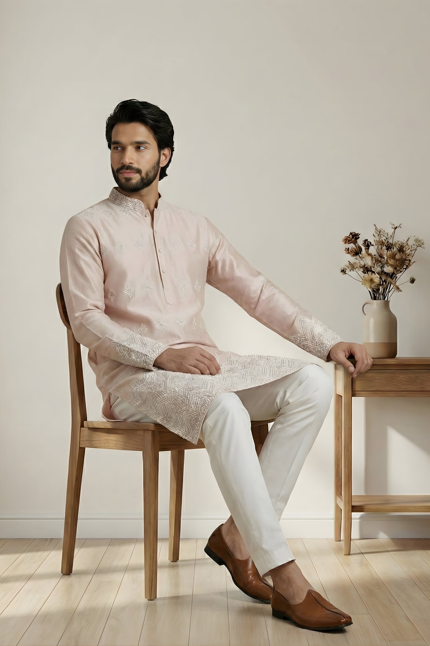Stunning Peach Embroidered Malai Satin Kurta for Men with White Pyjama