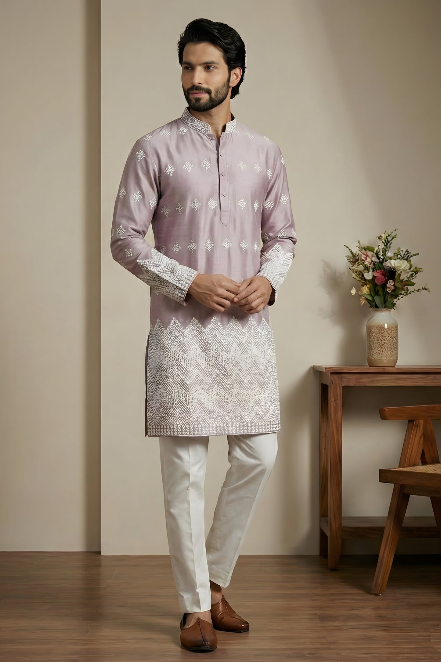 Attractive Pink Embroidered Malai Satin Kurta for Men with White Pyjama