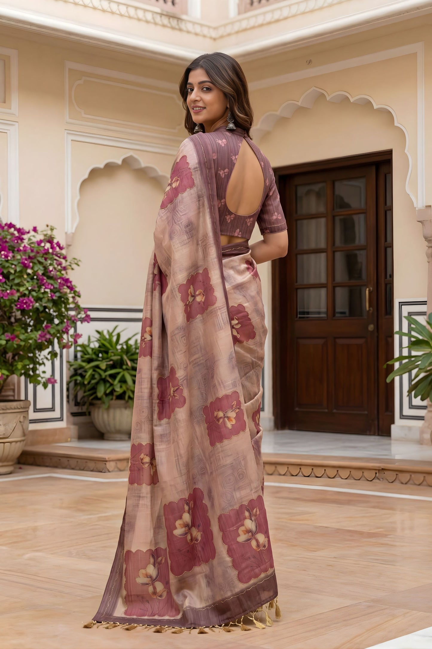 Beige Floral Printed Linen Silk Saree with Mauve Border
