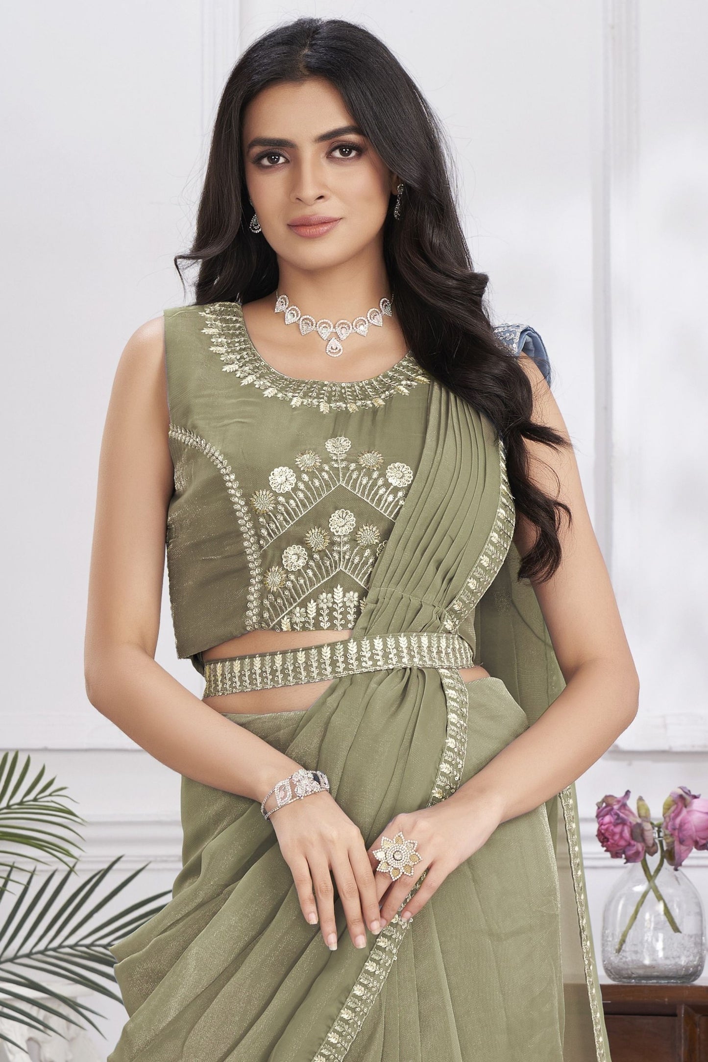 Elegant Olive Green Designer Saree with Embroidered Blouse
