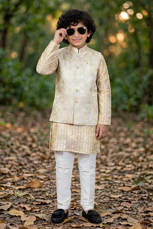 Dapper Beige Jacquard Digital Printed Kurta Pajama Set with Designer Nehru Jacket for Boys
