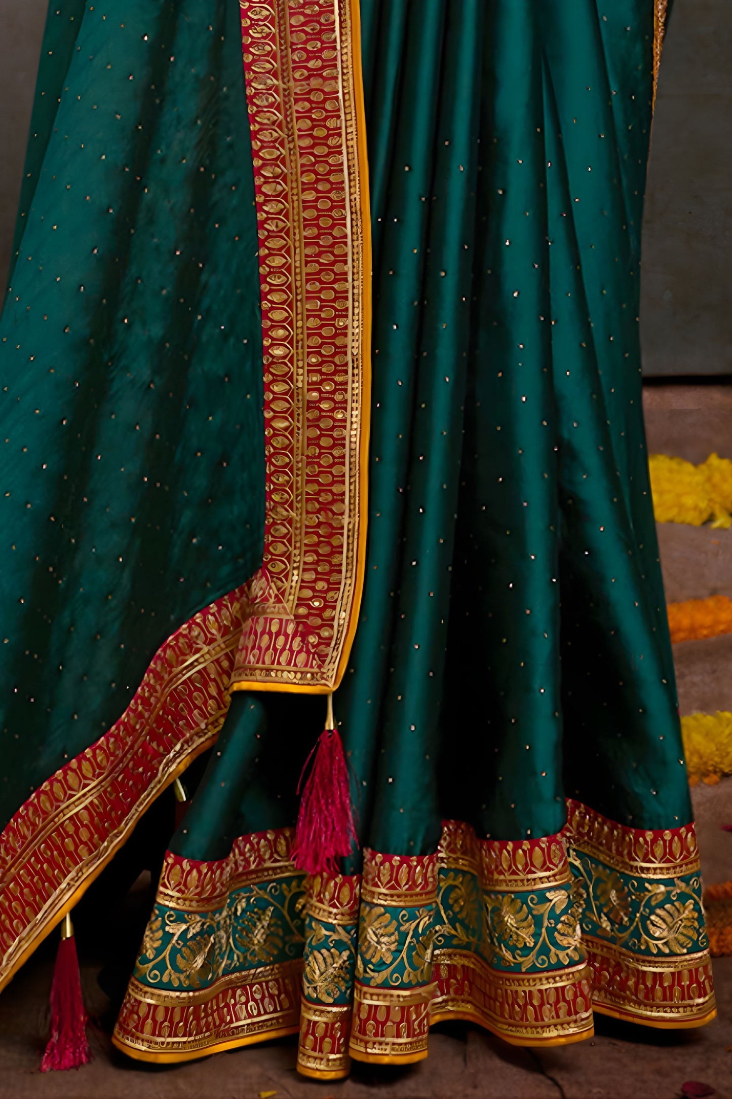 Teal Green Designer Saree Embroidered Border Contrast Blouse