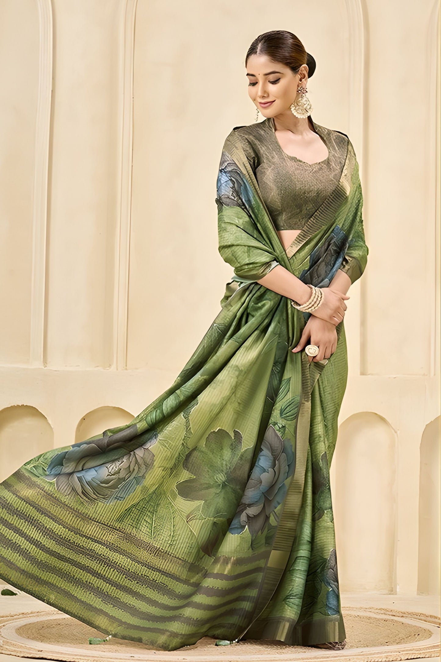 Elegant Olive Green Floral Printed Linen Cotton Saree