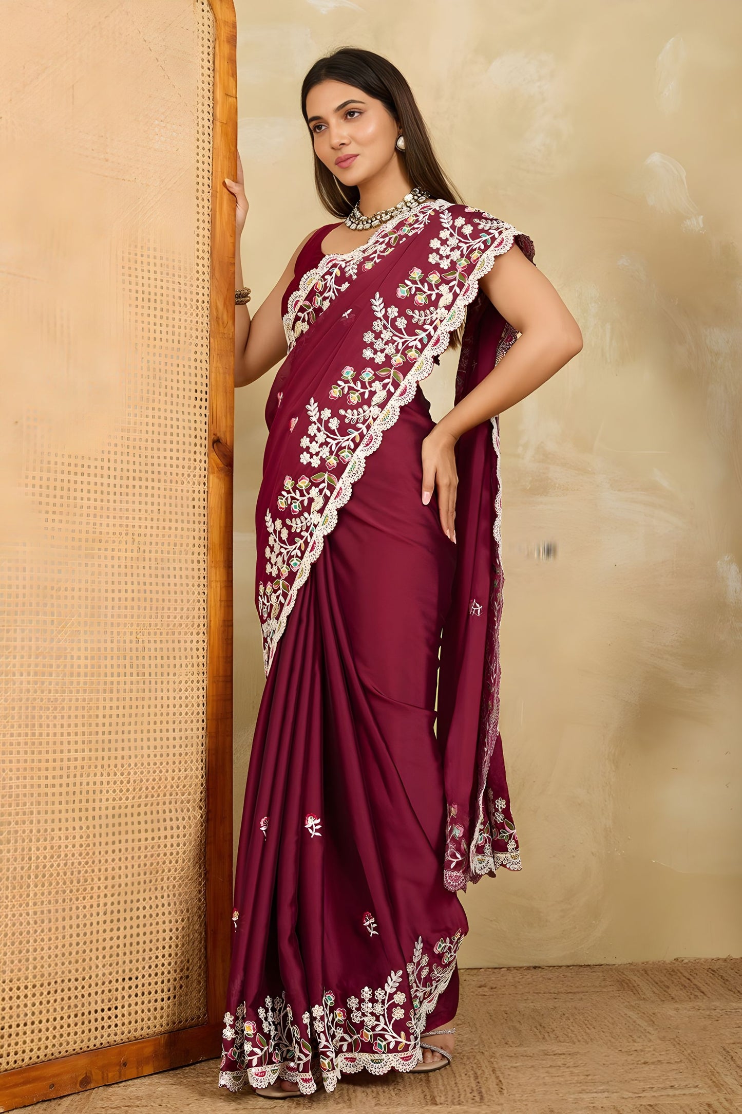 Wine Maroon Embroidered Georgette Saree Heavy Floral Border Designer Blouse
