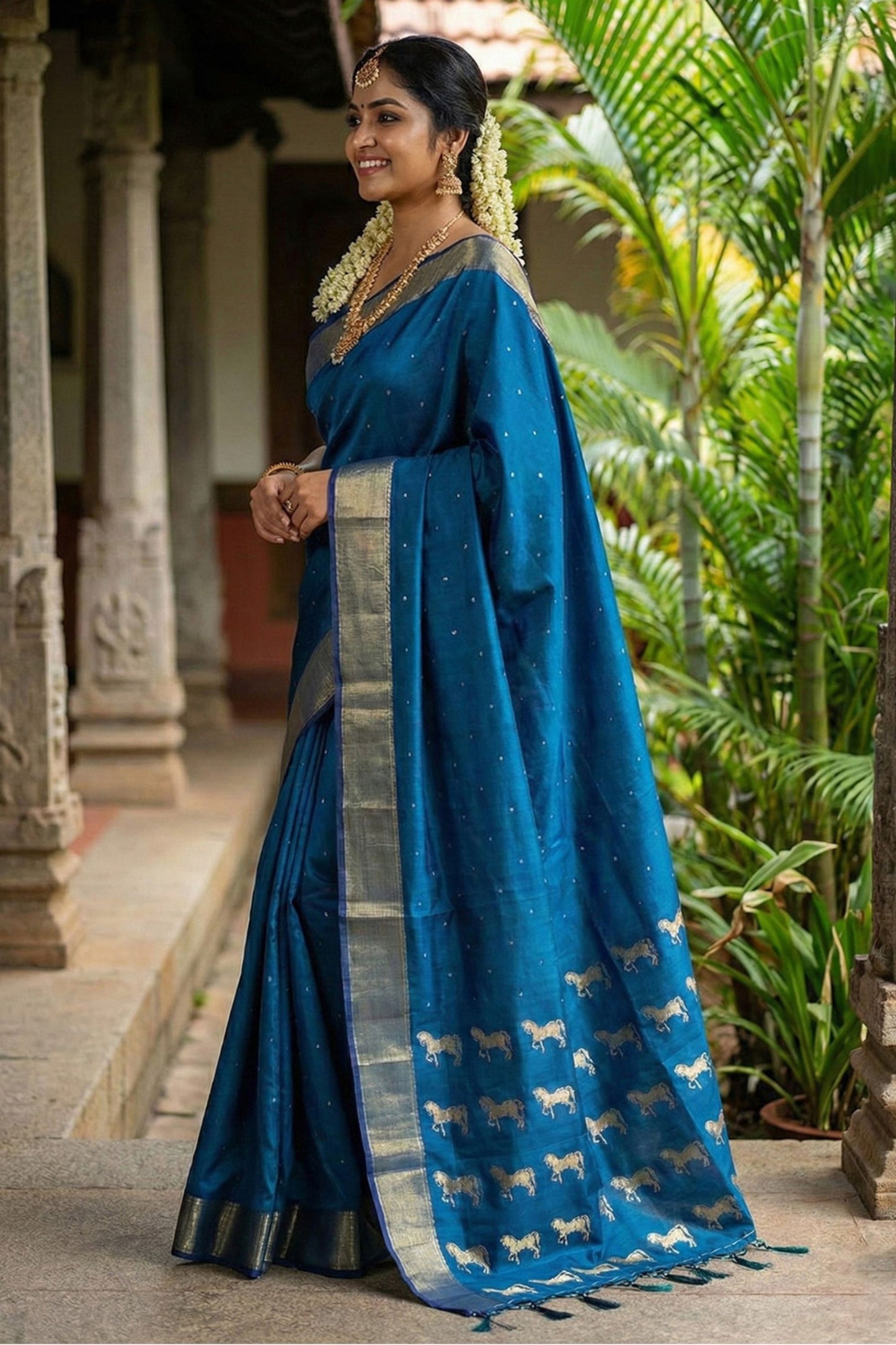 Teal Blue Traditional Silk Saree with Gold Zari Border Horse Motif Pallu