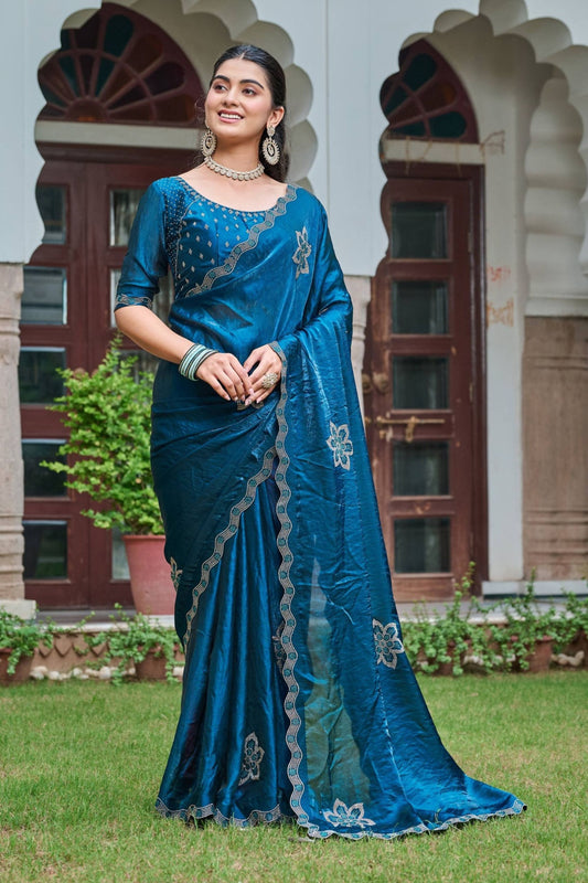 Teal Blue Silk Saree Embroidered Floral Border Designer Blouse