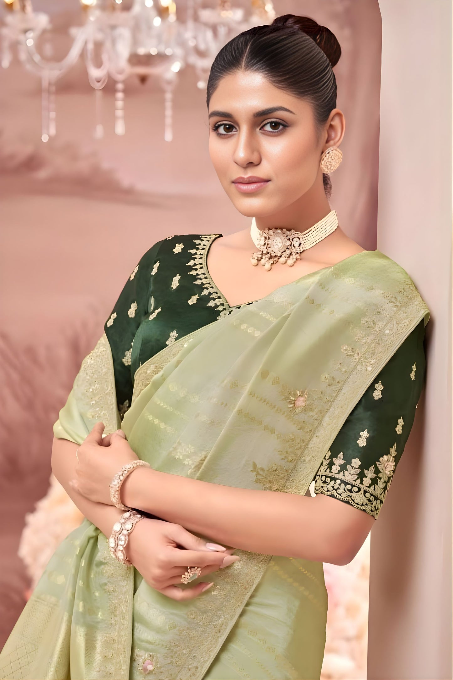 Pastel Green Silk Saree Subtle Gold Work Dark Green Designer Blouse