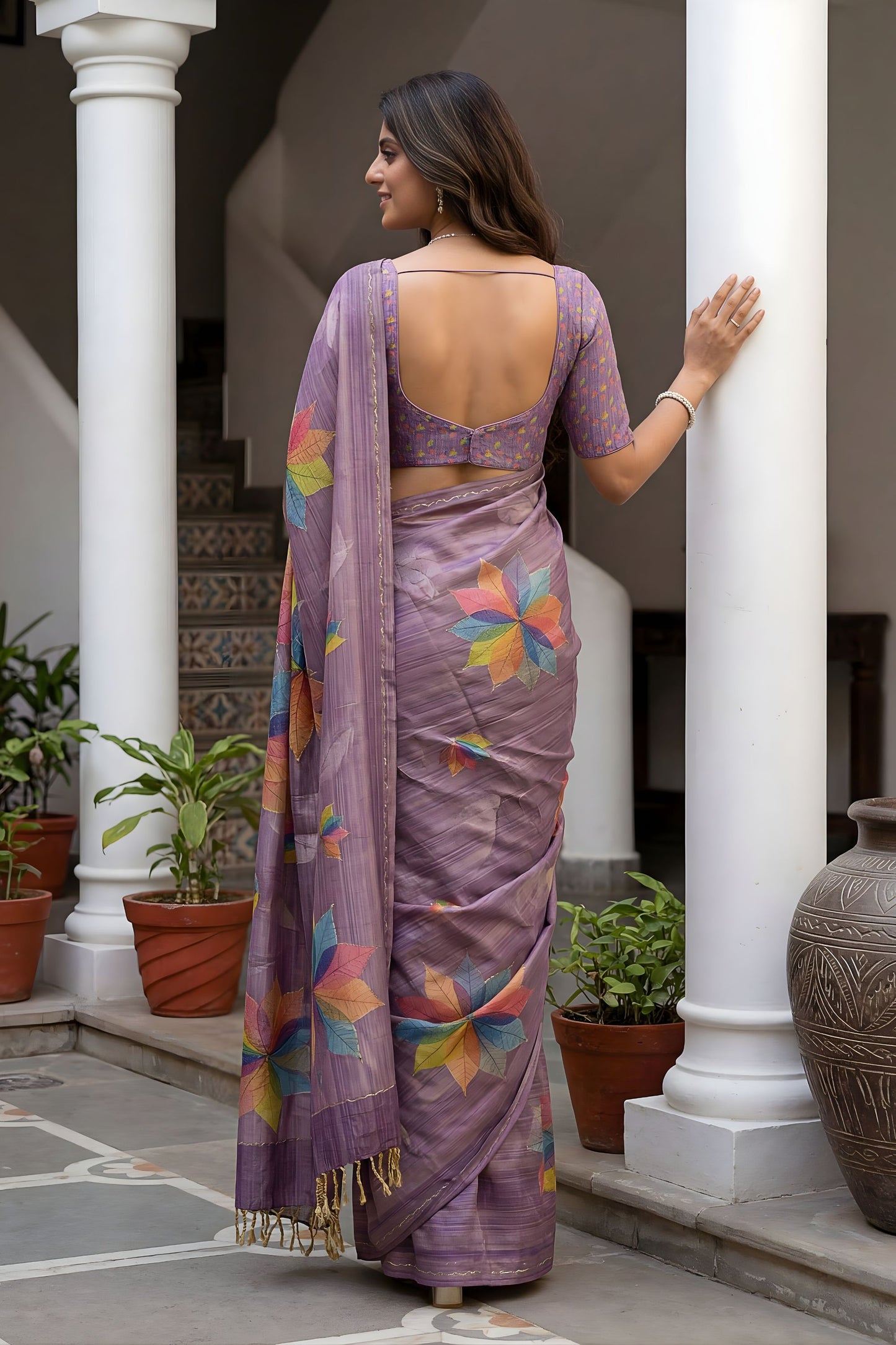 Lavender Printed Linen Silk Saree with Multicolor Leaf Design