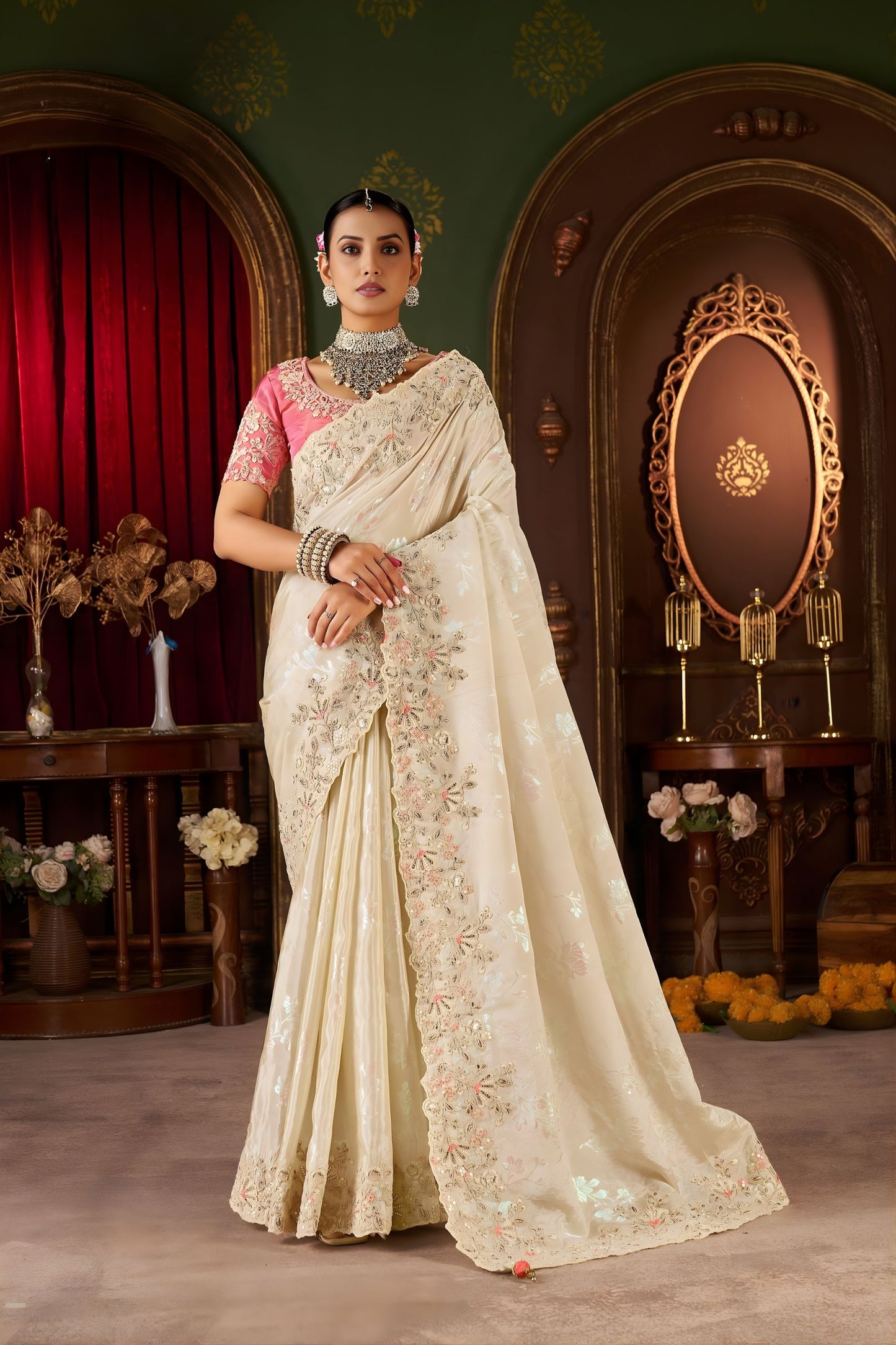 Ivory Embroidered Silk Saree with Pastel Floral Pink Designer Blouse