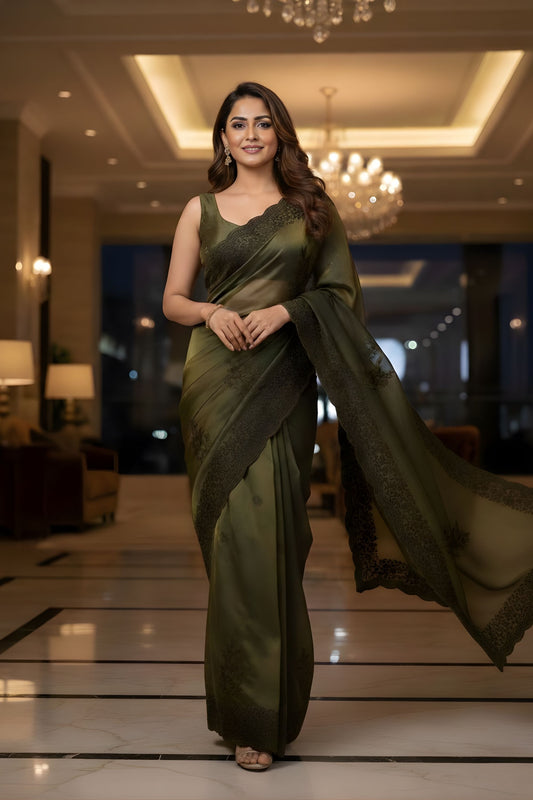 Olive Green Georgette Saree with Embroidered Border Designer Pallu