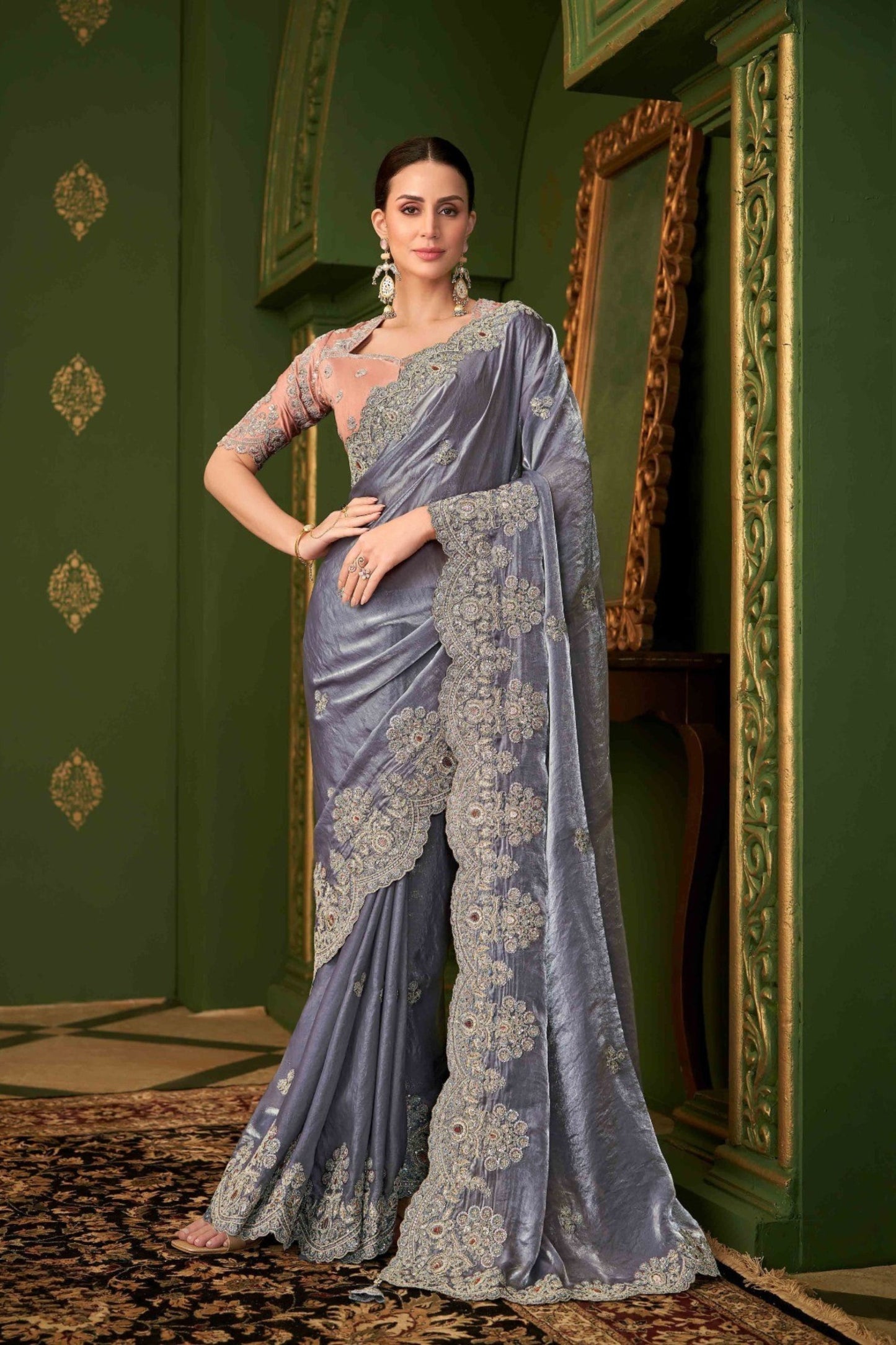 Grey Silk Saree Peach Blouse Perfect Parties Festive Occasions