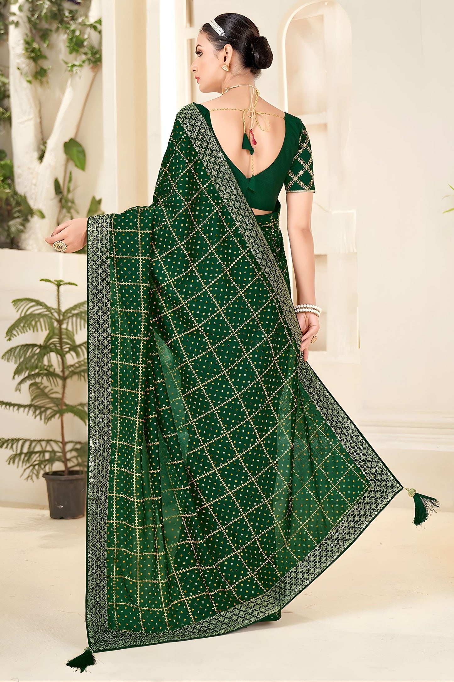 Dark Green Embroidered Designer Saree with Sequins Work Blouse