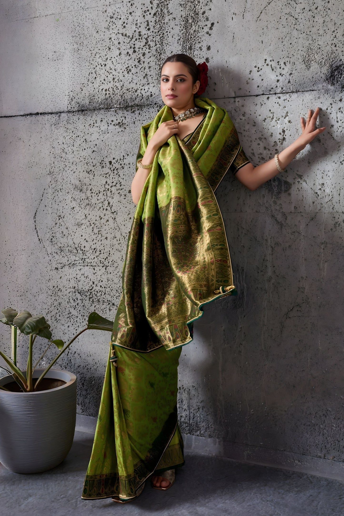 Olive Green Silk Saree with Golden Zari Border Traditional Saree