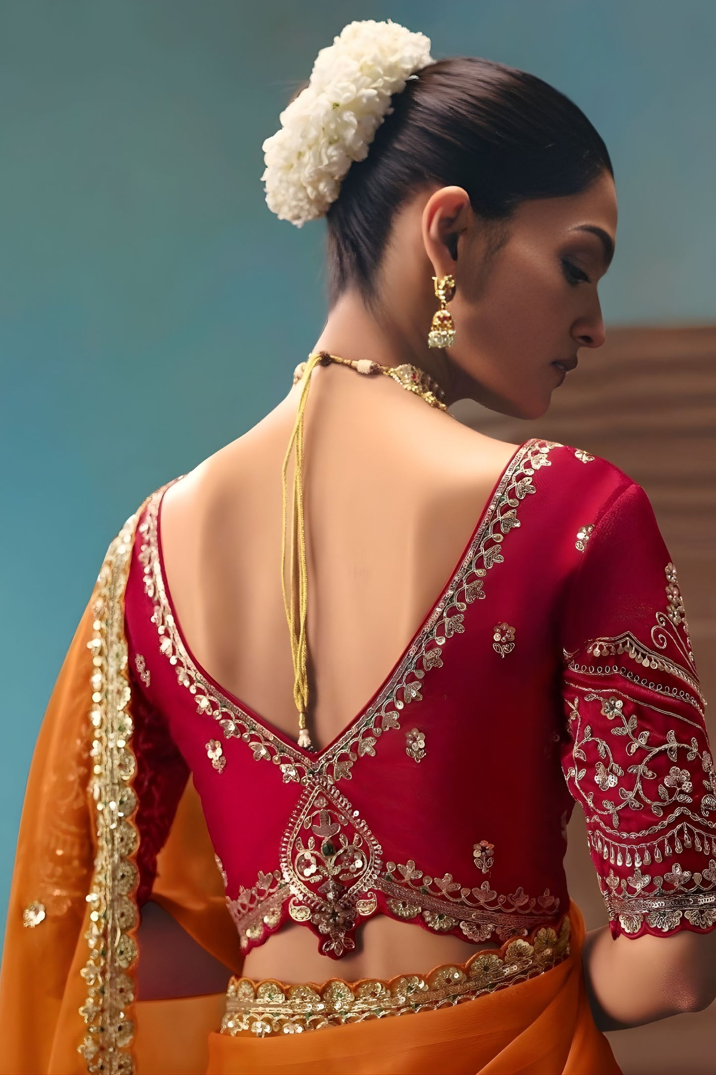 Orange Designer Saree with Zari Embroidery Contrast Red Blouse