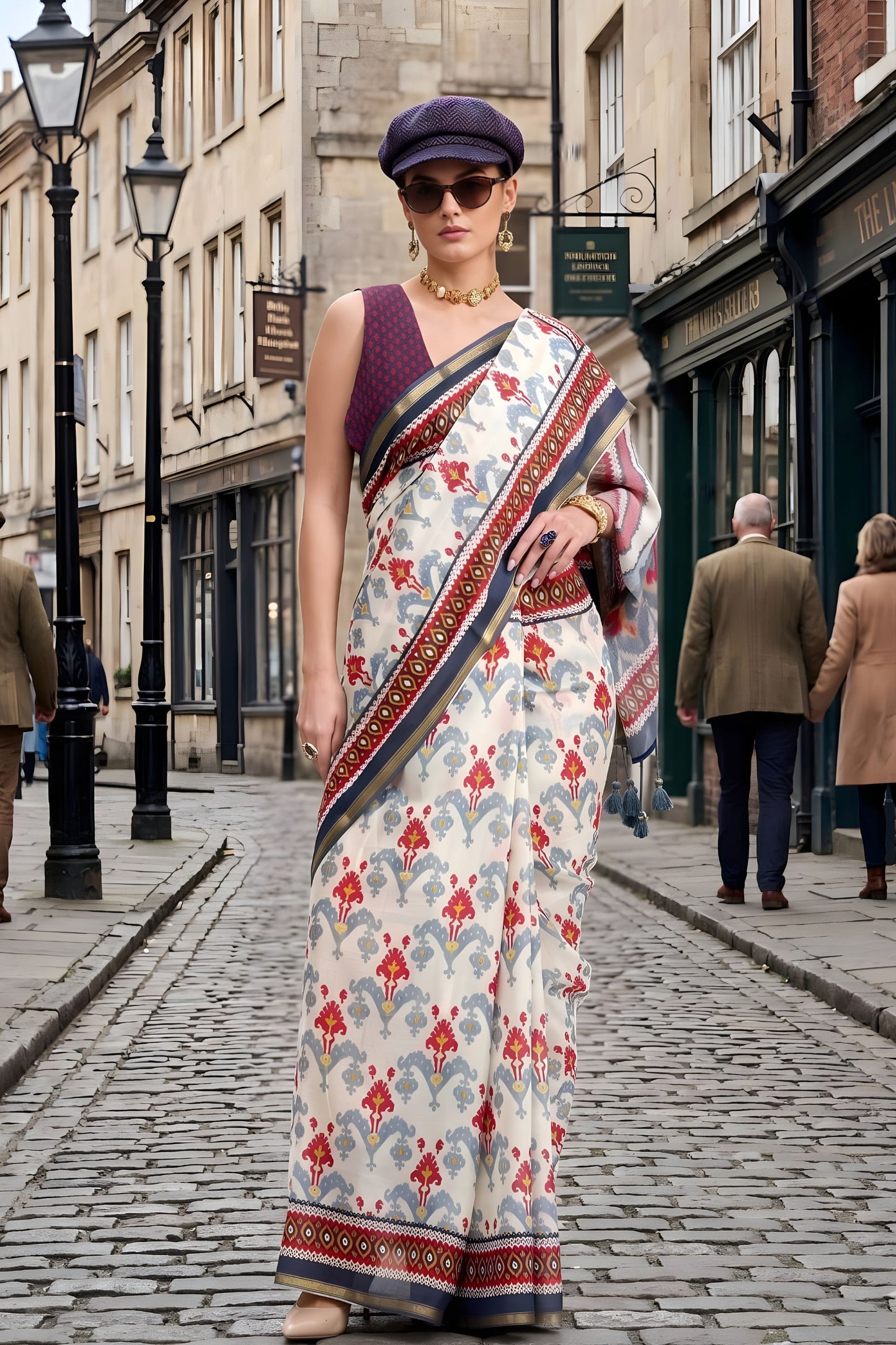 Off White Floral Printed Cotton Saree Border Designer Blouse