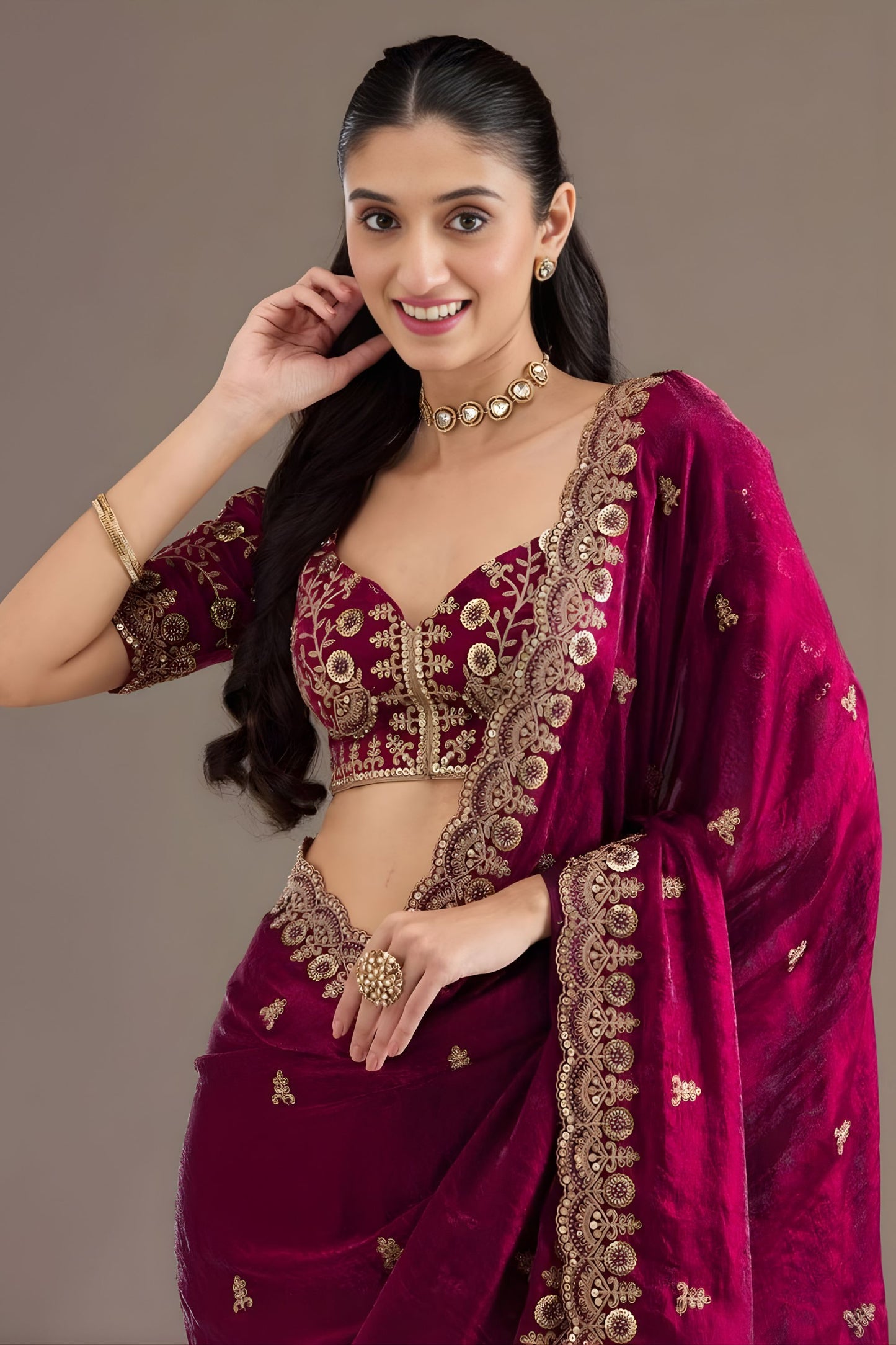 Wine Red Silk Saree with Heavy Zari Embroidery Border Designer Blouse