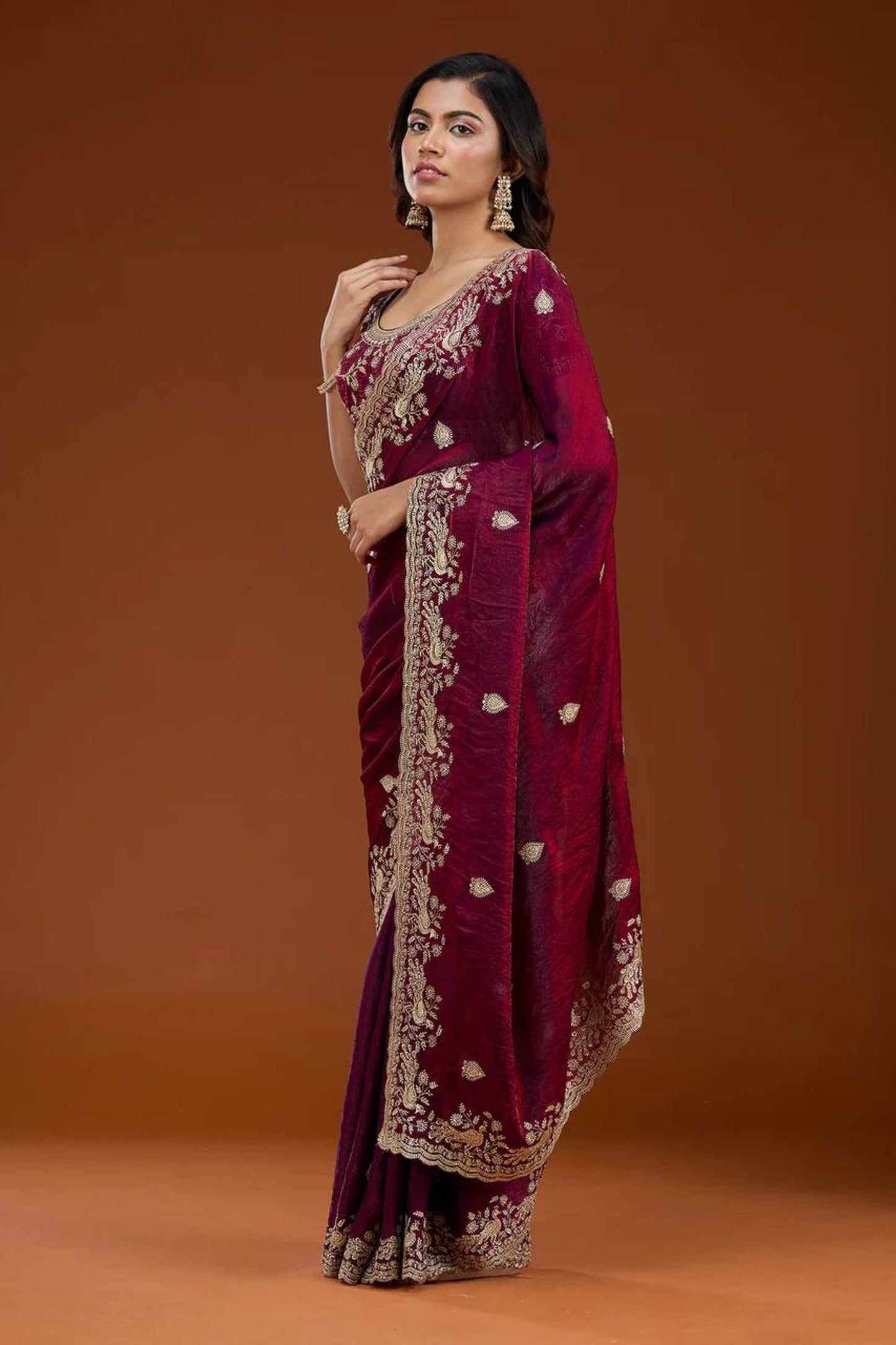 Wine Maroon Embroidered Silk Saree Designer Party Wear Saree