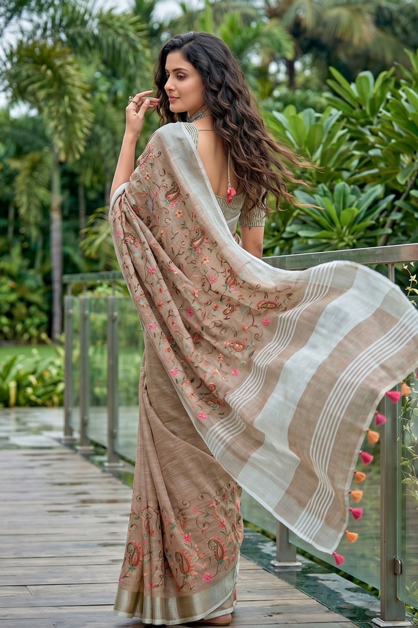 Beige Linen Cotton Saree with Floral Embroidery Woven Border