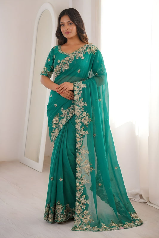 Bottle Green Organza Saree Heavy Floral Zari Embroidery Designer Blouse
