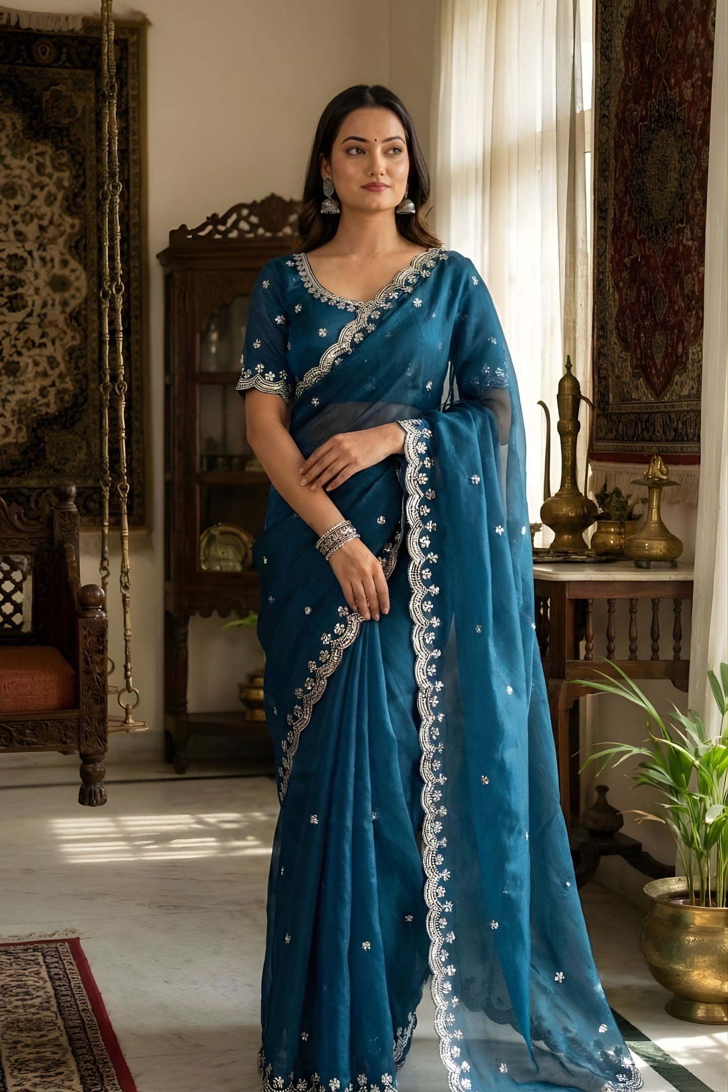 Teal Blue Embroidered Georgette Saree Party Wear Saree