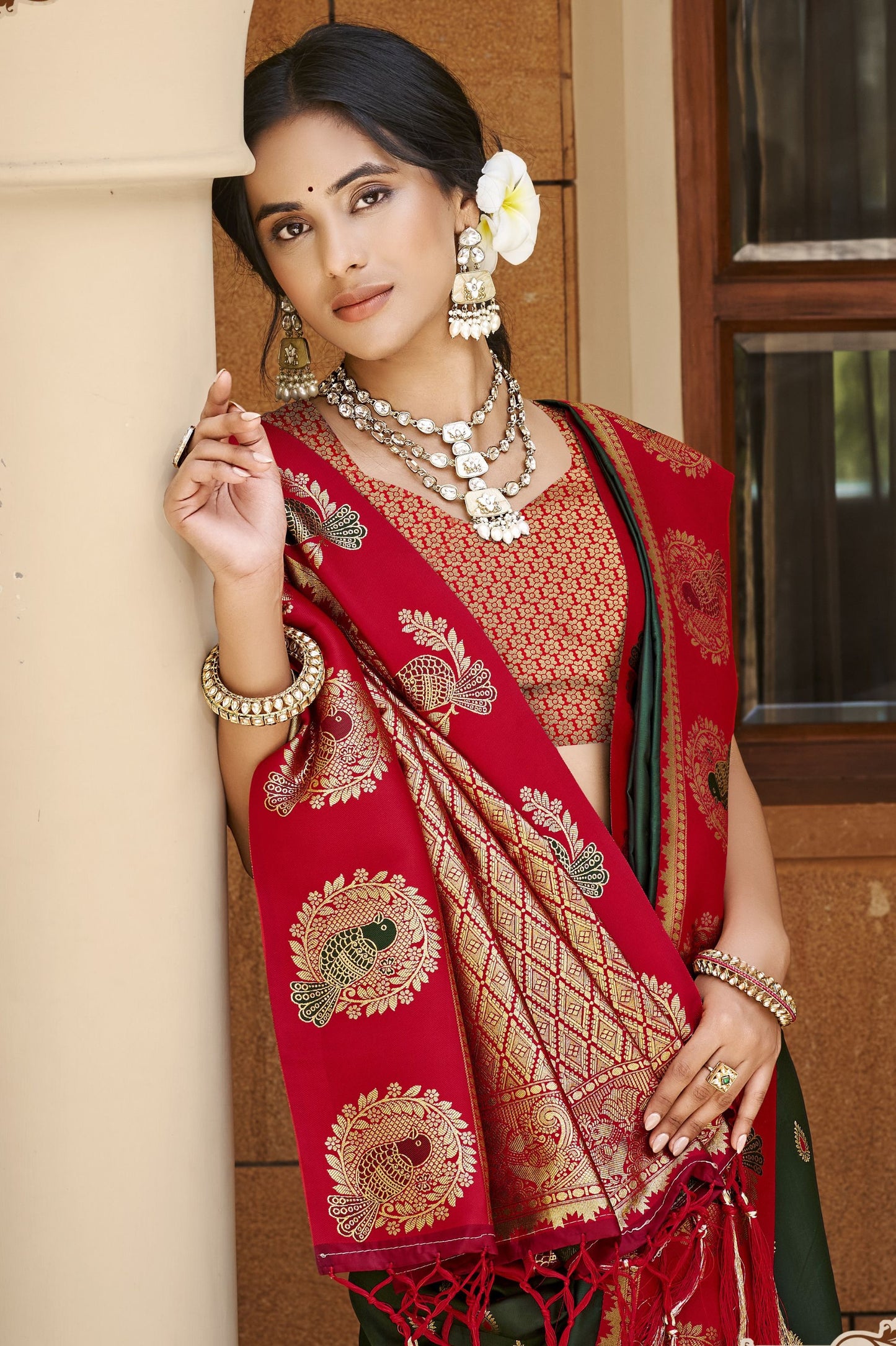 Bottle Green Red Banarasi Silk Saree Gold Zari Peacock Motifs Saree