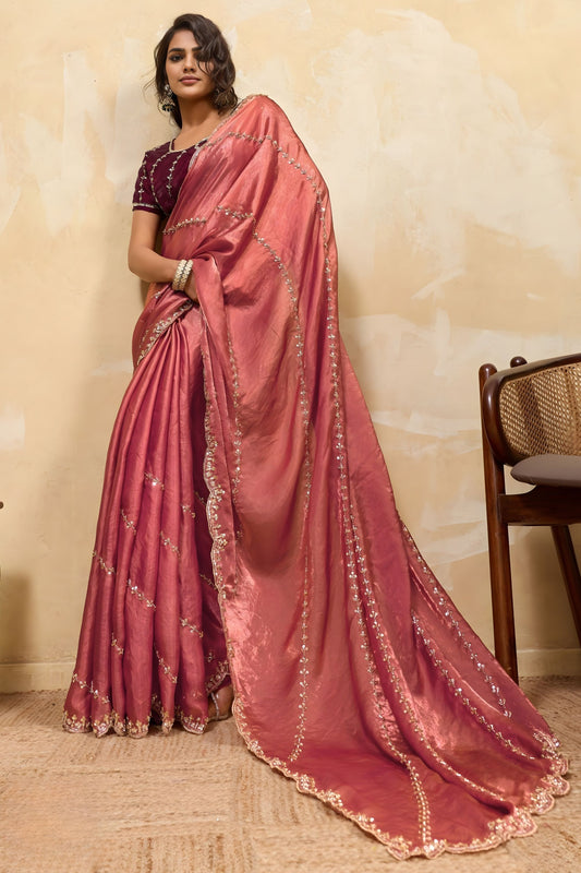 Rose Pink Silk Blend Saree Golden Zari Embroidery Designer Blouse