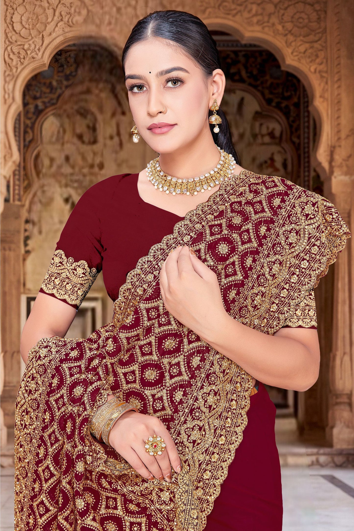 Maroon Georgette Saree Heavy Gold Zari Embroidery Designer Blouse
