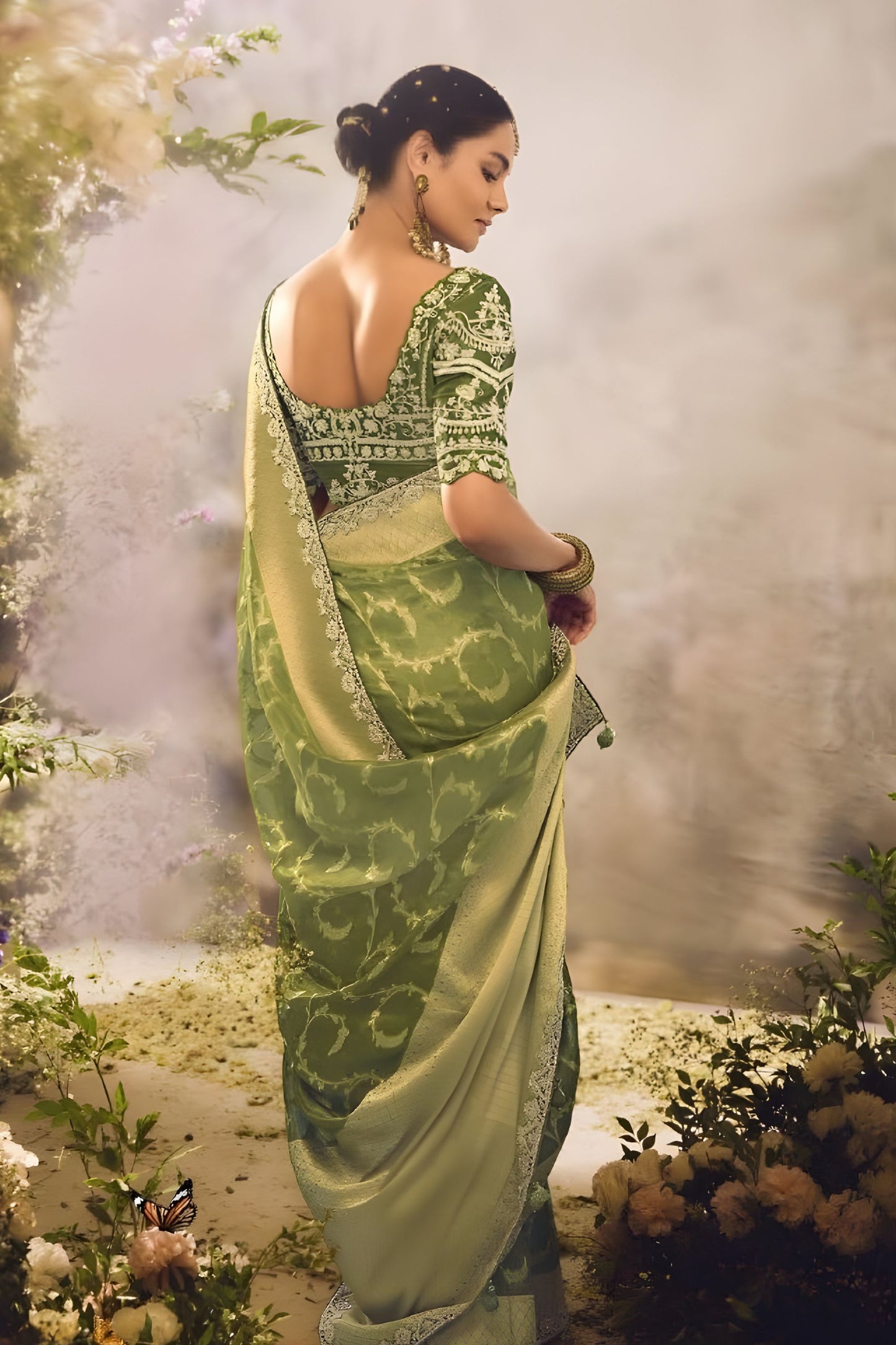 Light Olive Green Soft Silk Saree with Zari Border Designer Blouse