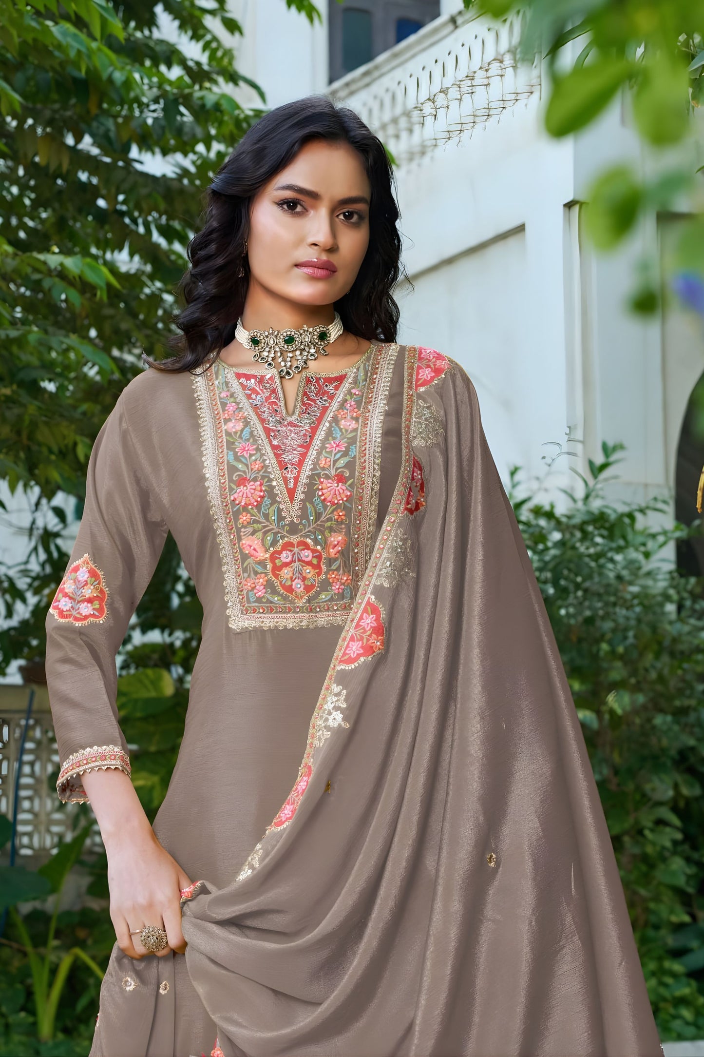 Stylish Brown Embroidered Crepe Palazzo Suit Set with Dupatta for Women