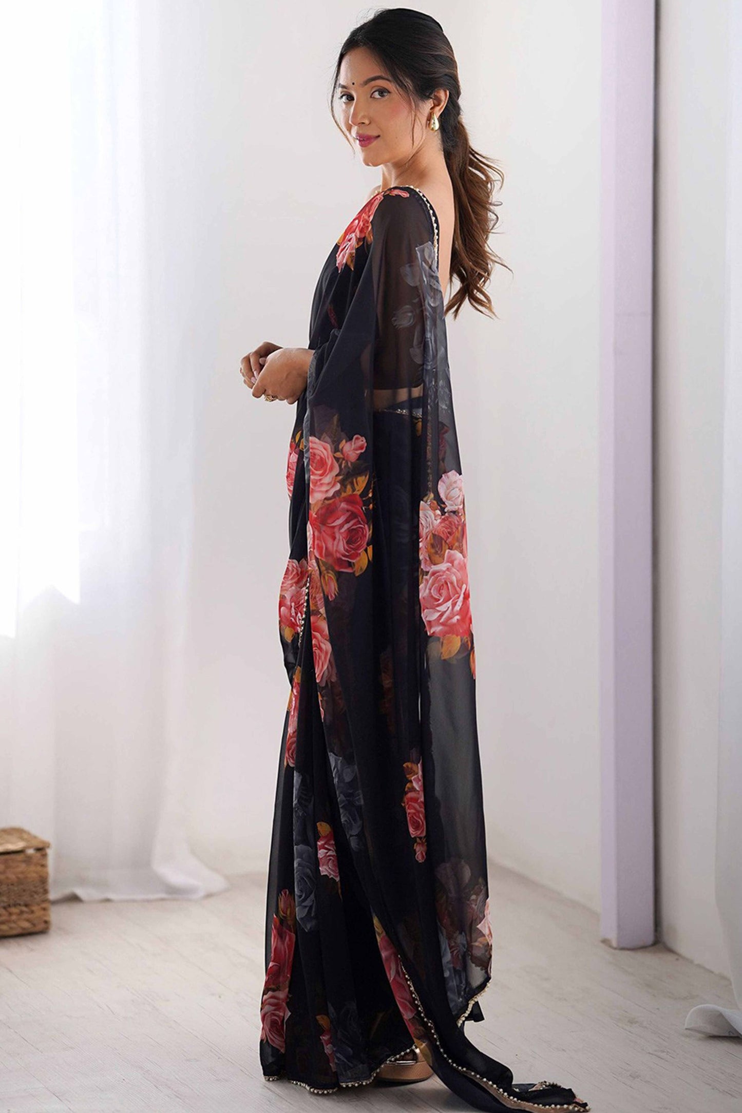 Black Georgette Floral Print Saree with Pearl Lace Border