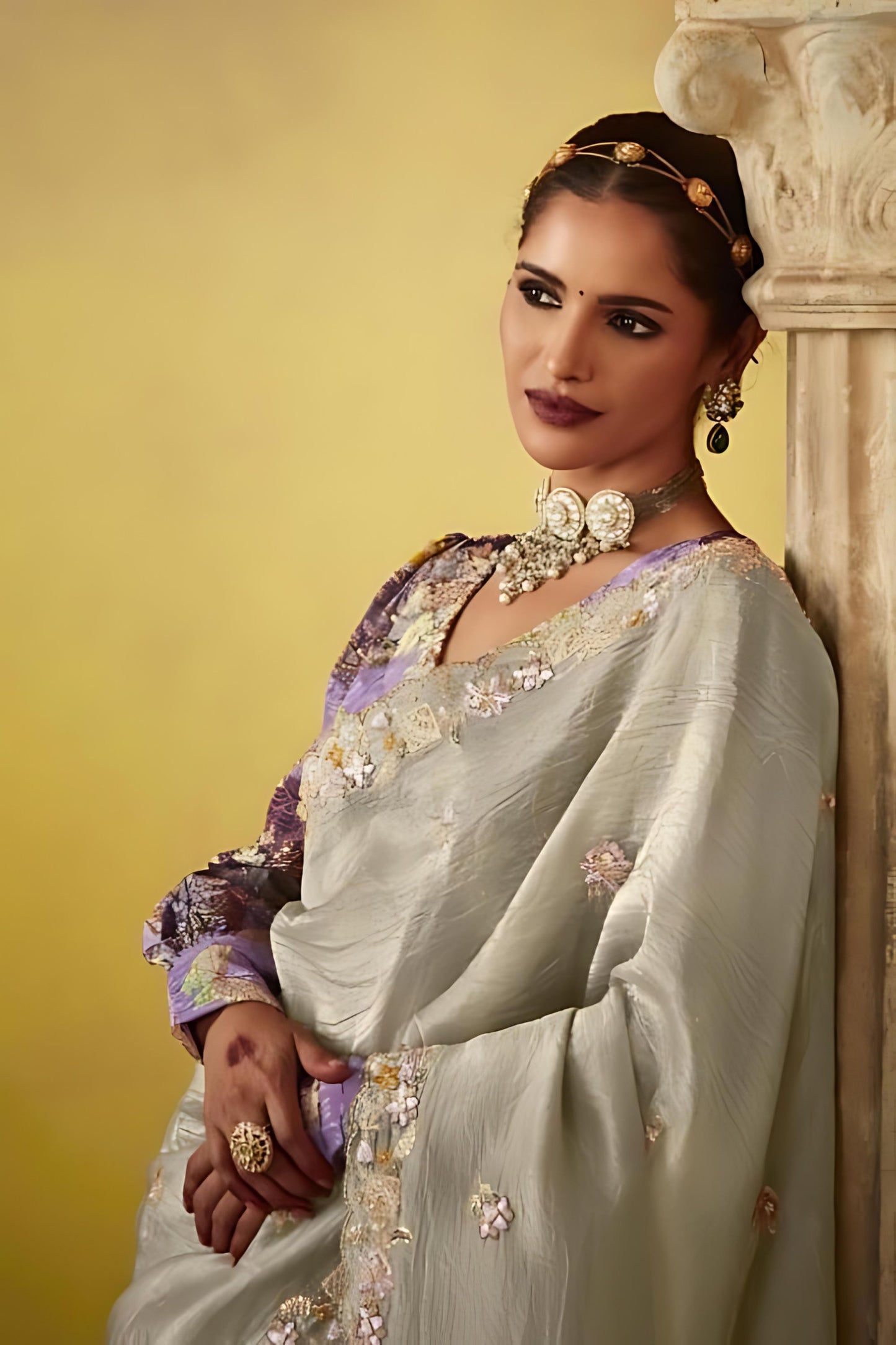 Off White Silk Saree with Embroidered Border Floral Designer Blouse