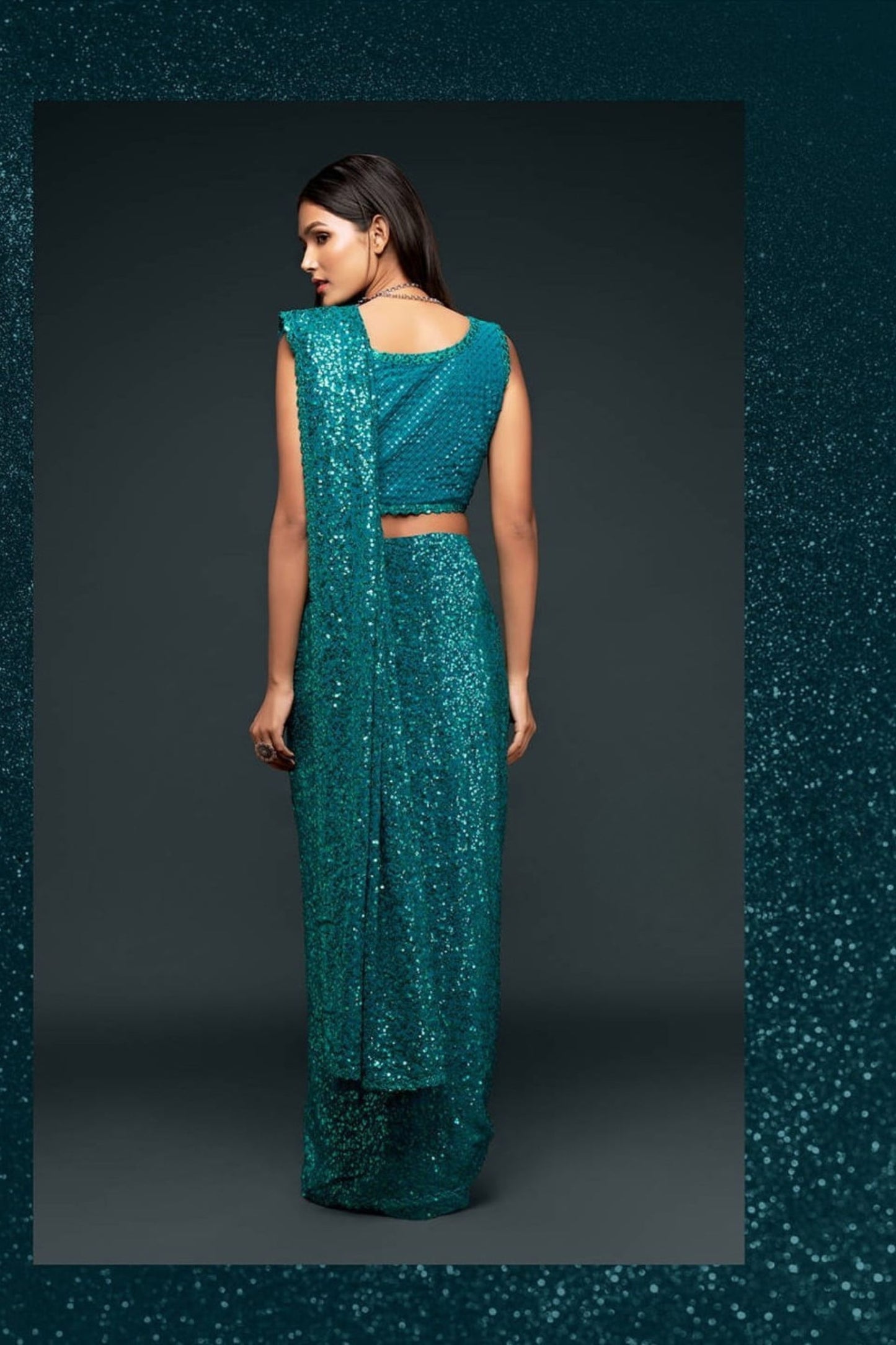 Designer Teal Green Sequin Glitter Georgette Saree with Blouse